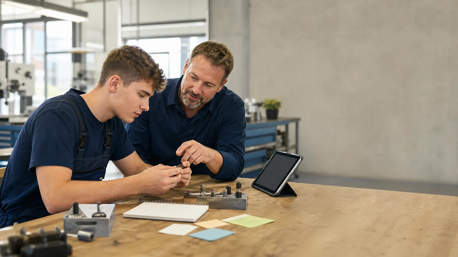 Ausbilder erklärt einem Auszubildenden einen Arbeitsschritt in der Werkstatt