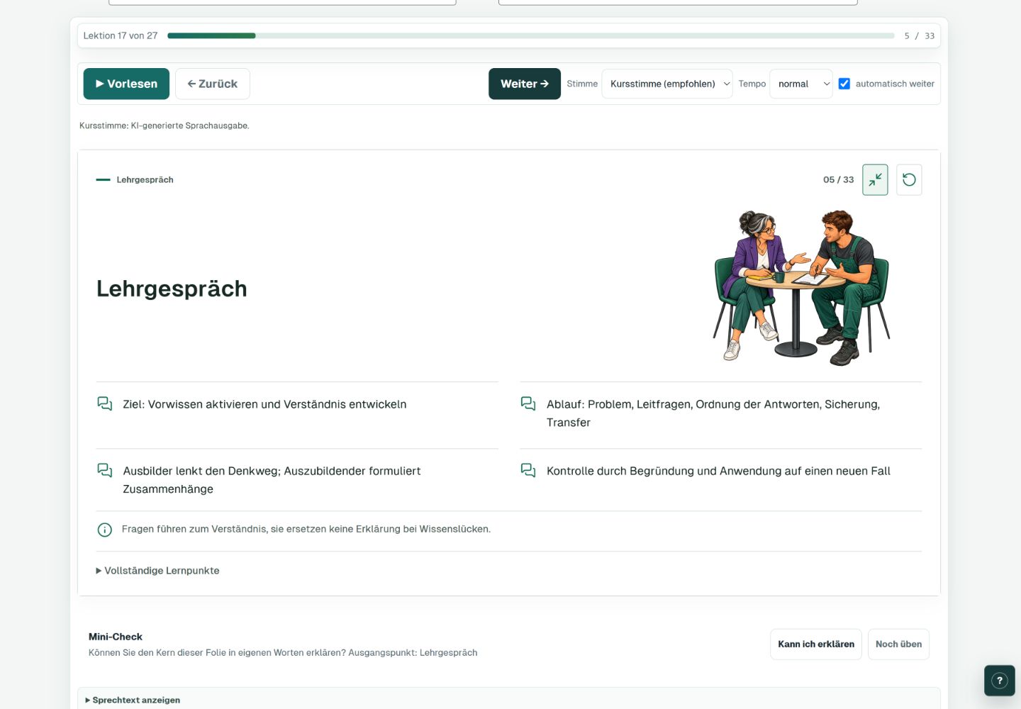 Aktuelle AusbilderPilot-Kursansicht: Lehrgespräch mit Illustration, Lernpunkten, Ton und Mini-Check