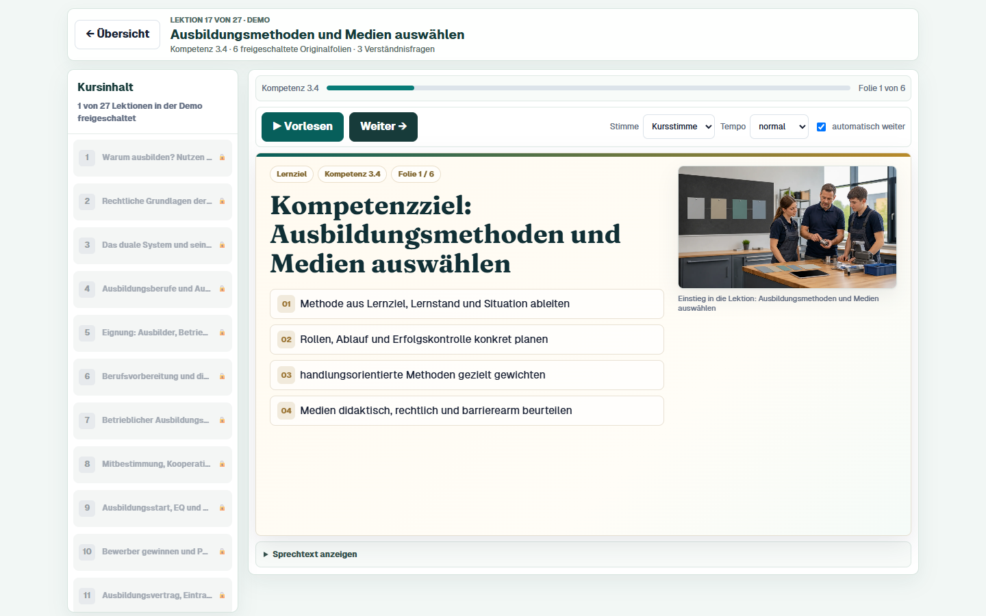 Echte Lektionsansicht zu Ausbildungsmethoden und Medien im AusbilderPilot
