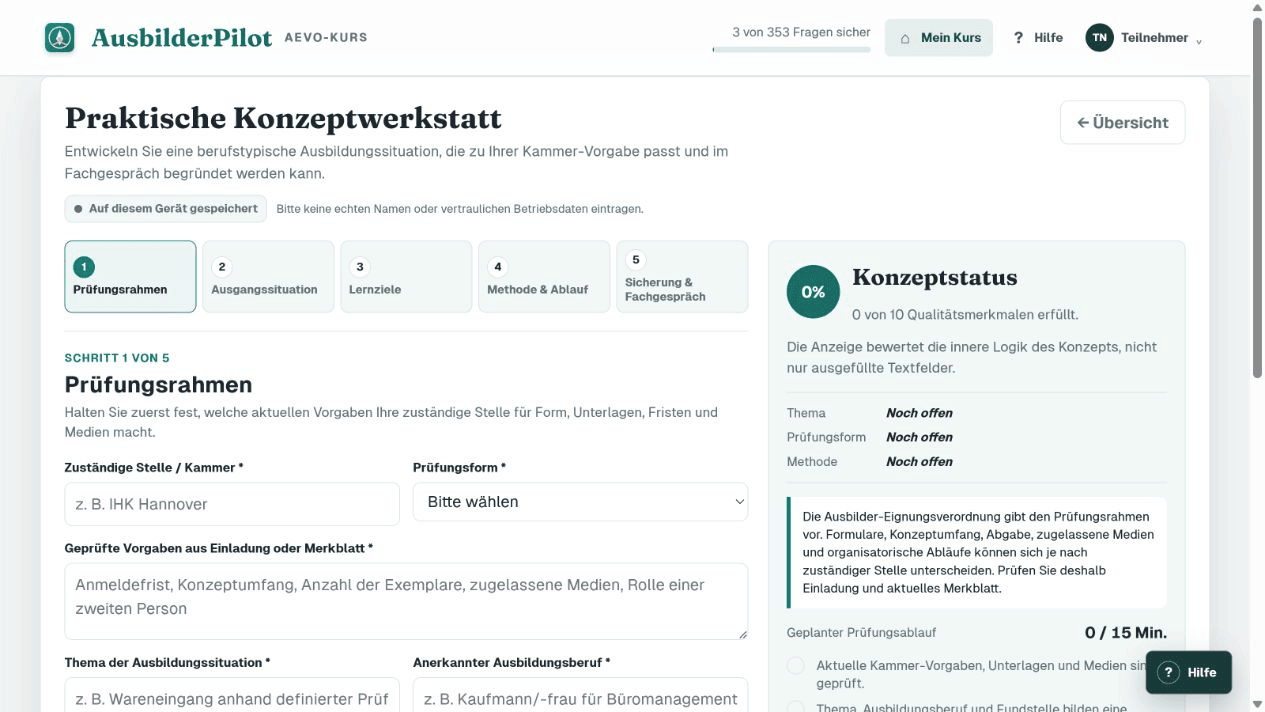 Echte Ansicht der praktischen Konzeptwerkstatt im AusbilderPilot