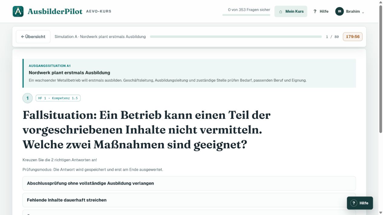 Echte AusbilderPilot-Prüfungssimulation mit Fallsituation und Zeitlimit